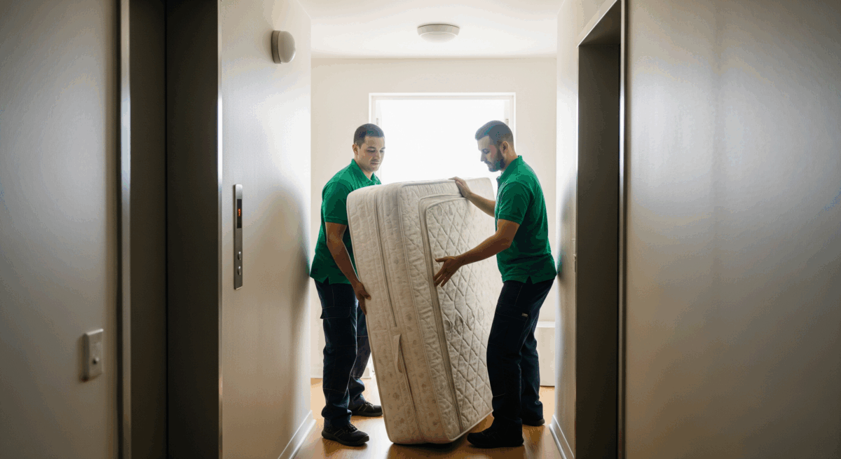 Movers carrying a mattress through an apartment hallway