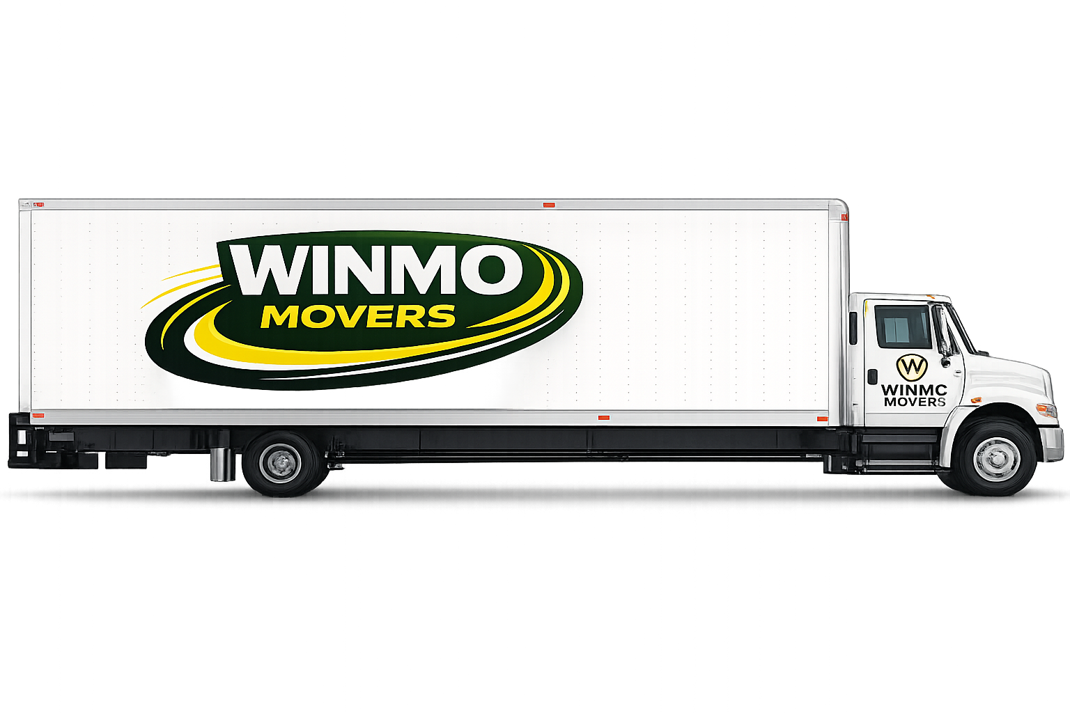A moving truck with a green and black winmo moving design and a phone number printed multiple times on its side, advertising the moving service.